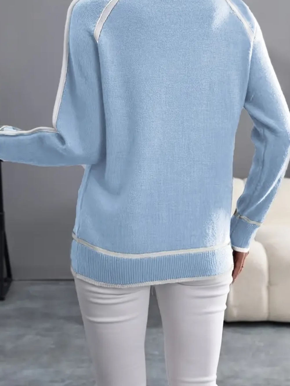 Light Blue Women's Crewneck Sweater with Contrast Trim